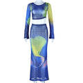 European and american style printed bodycon dress set with flared sleeves, ruched crop top, and high-waisted bodycon skirt - fashionable two-piece outfit
