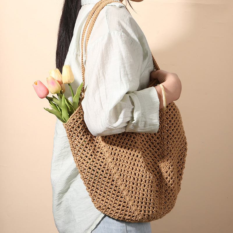 Casual large-capacity cotton thread woven bag new hollow straw bag lazy wind shoulder bag vacation beach bag women's bag