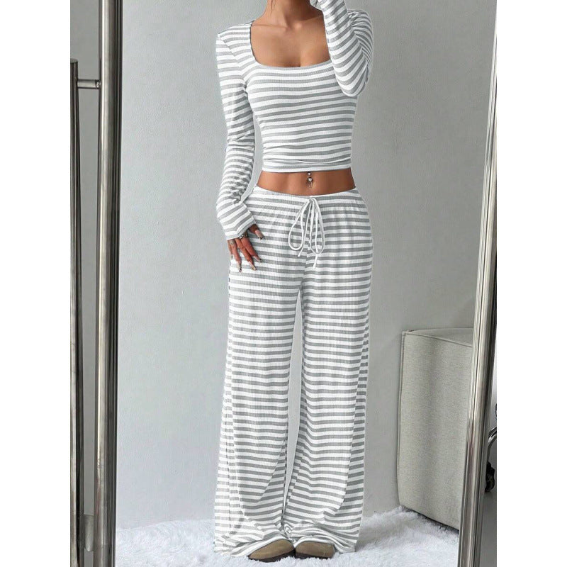 2025 european and american cross-border amazon aliexpress autumn/winter new striped high-waisted slimming wide-leg pants set for women