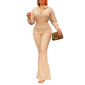 D476  women's plus size fashionable and elegant turn-down collar shirt and high-waisted flare pants two-piece set - cross-border outfit