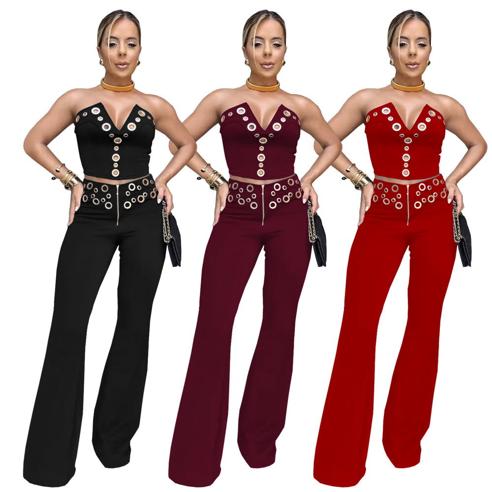 C7327 cross-border   fashion women's sexy bandeau top and eyelet metal buckle pants set