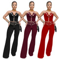 C7327 cross-border   fashion women's sexy bandeau top and eyelet metal buckle pants set