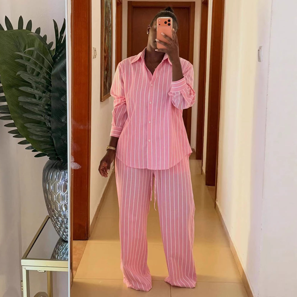 European and american cross-border women's clothing  spring/summer new fashion sweet striped loose long-sleeved shirt and tie-waist pants set
