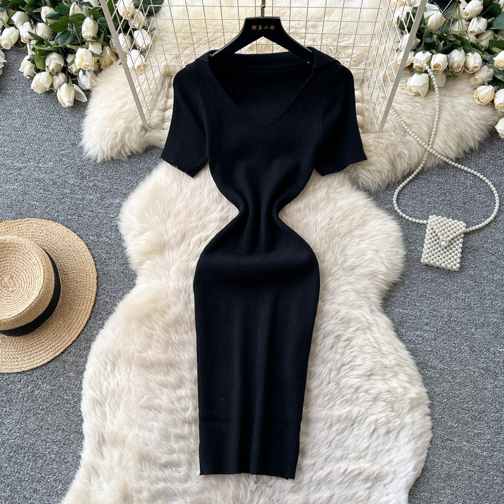 K-stylev neck short-sleeved knittingelegantdress women's summer silmslimming look waist a-line skirt light and elegant style