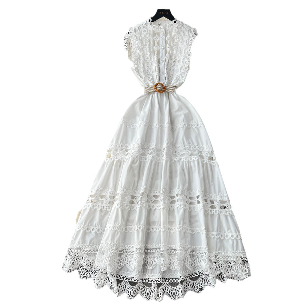 French chic high-end stand collar cutout embroidery lace trim sleeveless cinched waist slimming elegant dress