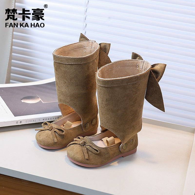 Vancahao ballet style leather boots  new korean style girls' bowknot princess shoes kids' fashion over-the-knee boots trendy