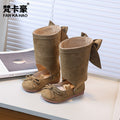 Vancahao ballet style leather boots  new korean style girls' bowknot princess shoes kids' fashion over-the-knee boots trendy