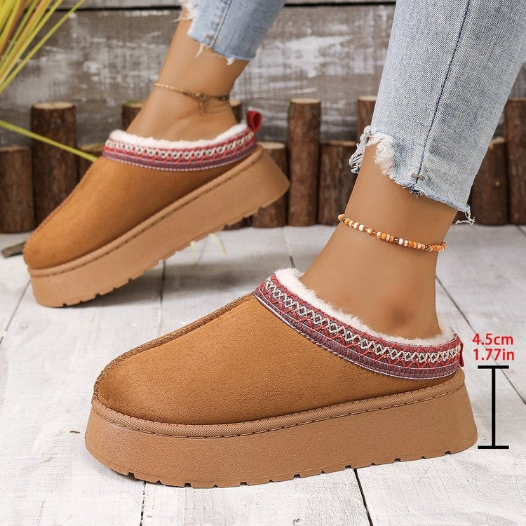 round toe suede rubber snow boots mid-heeled thick solefleece-linedheattech lace fashion cotton slippers for women