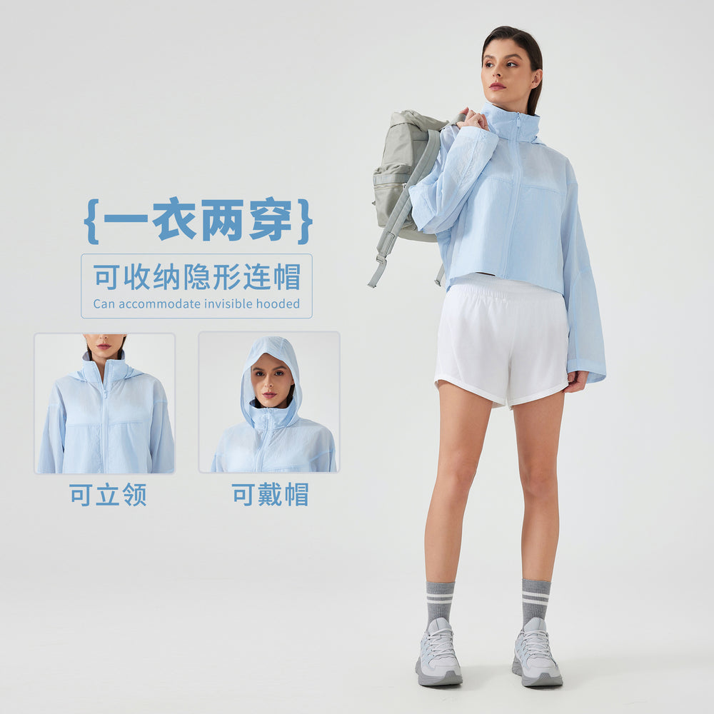Summer short hidden hood windbreaker women's waterproof lightweight quick-dry breathable outdoor sports jacket d25006