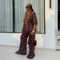 European and american cross-border women's fashion:  summer new collection - trendy polka dot short sleeve tie-neck blouse and wide-leg pants set