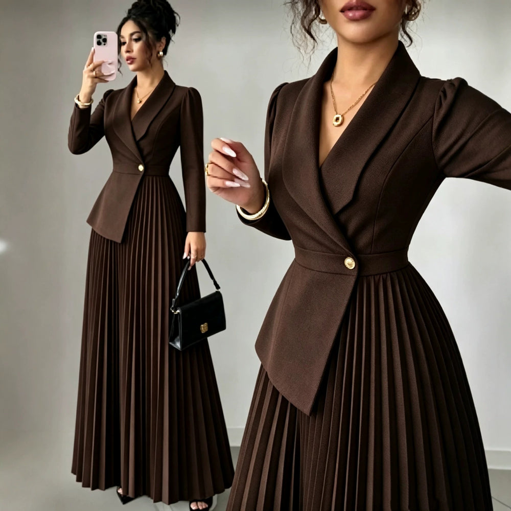 european and american cross-border e-commerce women's new black fitted slimming elegant blazer pleated dress