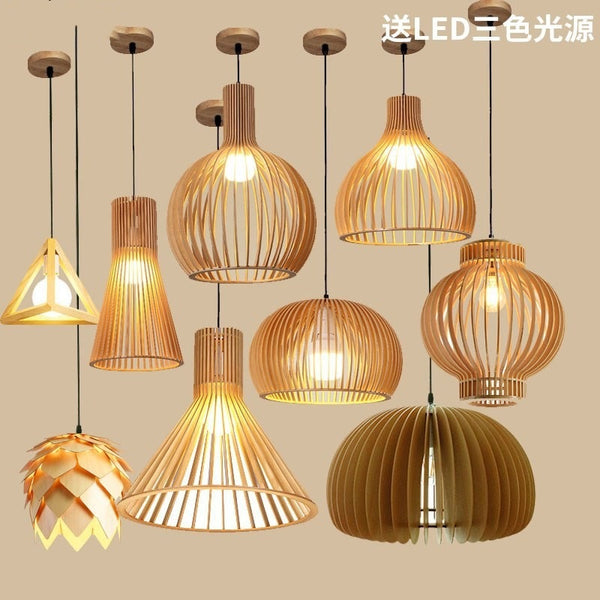 Modern Chinese dining chandelier dining room living room solid wood lamp creative wood pumpkin lamp South East Asia log birdcage lamp