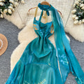 Blue gradient high-end elegant sleeveless dress - women's new slimming waist-defining vacation maxi dress - dopamine dress style