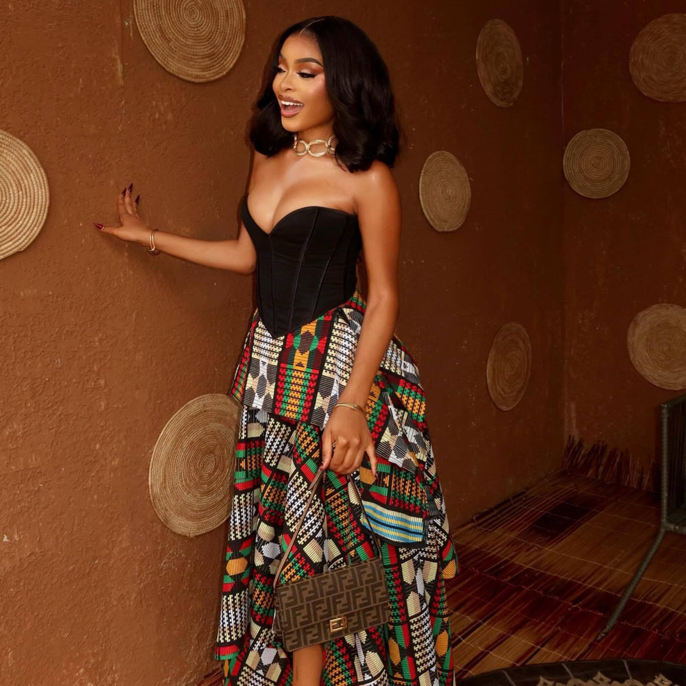 European and american cross-border women's fashion:  summer new arrivals - vintage high-waisted, slimming a-line asymmetrical print midi skirt