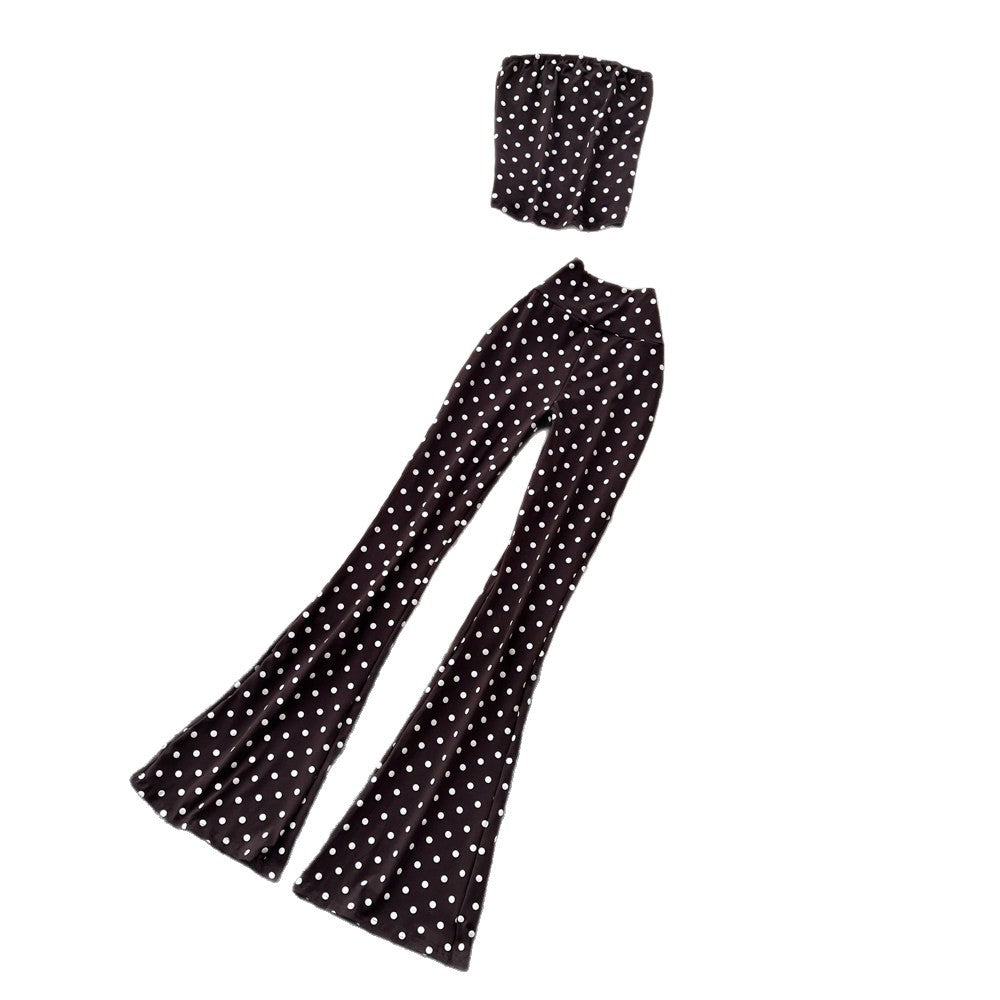 Retro polka dot tube top vest high waist bootcut pants women's summertwo-piece setwork clothing style silmslimming lookcasualsuit