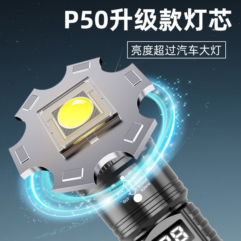 Cross-border strong light flashlight Retractable zoom digital flashlight Outdoor portable multi-function long battery life flashlight