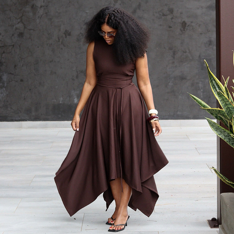 European and american women's clothing  autumn new collection: sweet and fresh round neck sleeveless high-waisted slimming a-line skirt with asymmetrical hem