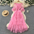 Sweet and lovely pink mesh dress for women, perfect for summer. features an off-the-shoulder design, puff sleeves, a high waist, and an a-line silhouette. an ethereal, fairy-tale style
