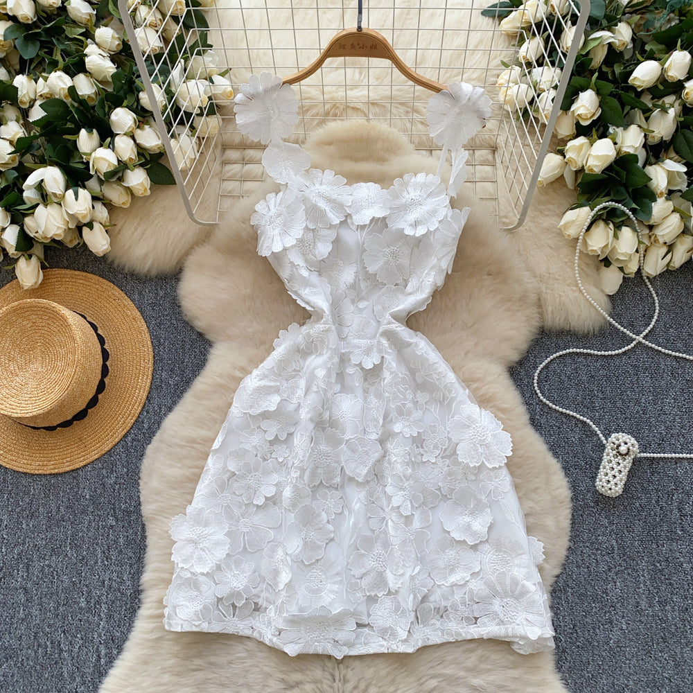 Exportniche stylefrenchsense of designstereo flower mesh embroider waist silm suspender a-line dress short skirt