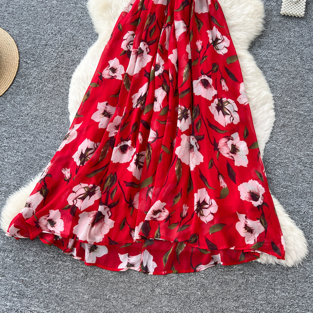 Pure desire style red printinghalterdress women's summer waist slimmingelegantelegancea-line elegant long skirt