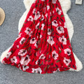 Pure desire style red printinghalterdress women's summer waist slimmingelegantelegancea-line elegant long skirt