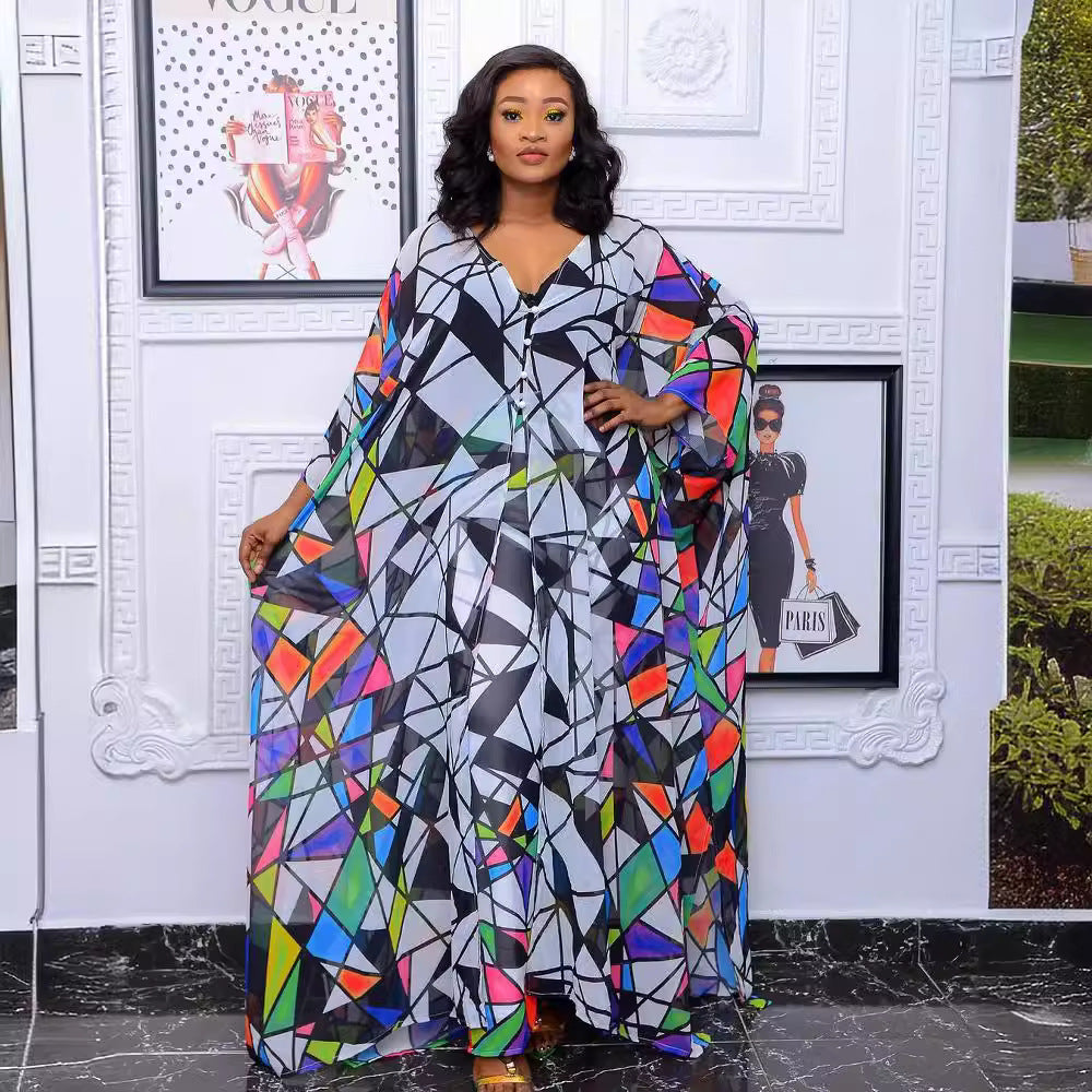 supply: chiffon digital print plus size women's african & european fashion set - robe with loose-fit pants