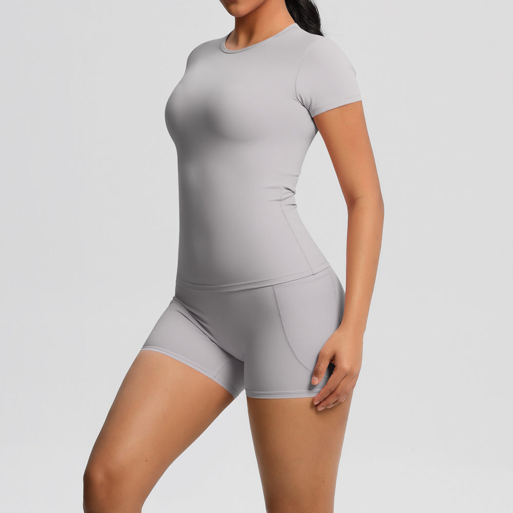 New arrival cross-border fashionpure color double-sided nylon brushed short-sleeved yoga suit sports running fitness two-piece set