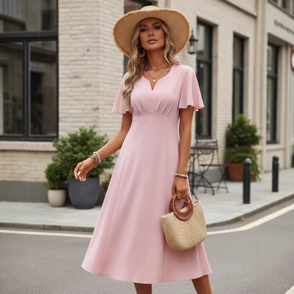 French chic dress - new summer collection: short sleeve v-neck a-line midi dress - perfect for vacation, work, and everyday wear