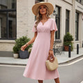 French chic dress - new summer collection: short sleeve v-neck a-line midi dress - perfect for vacation, work, and everyday wear