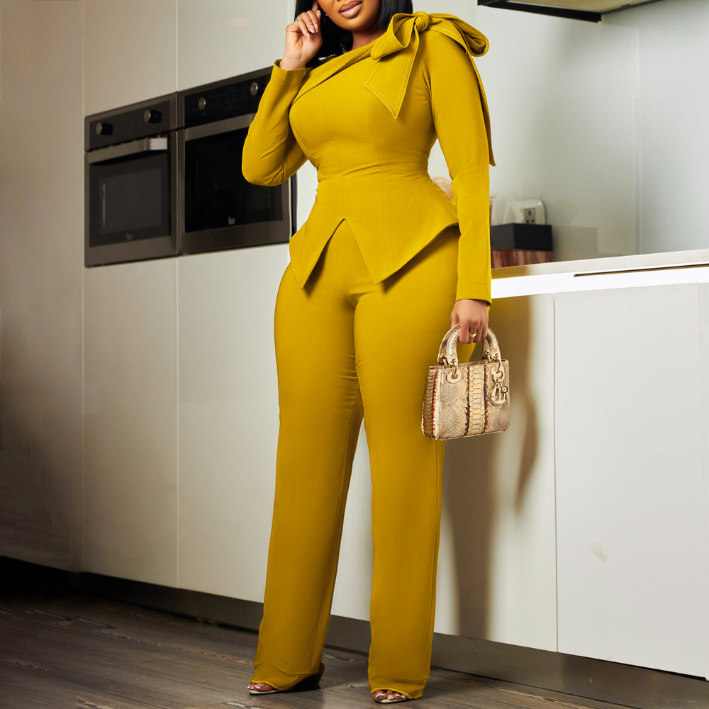 D546  fashion women's winter new arrival: stylish and elegant solid color long sleeve top and pants african print set