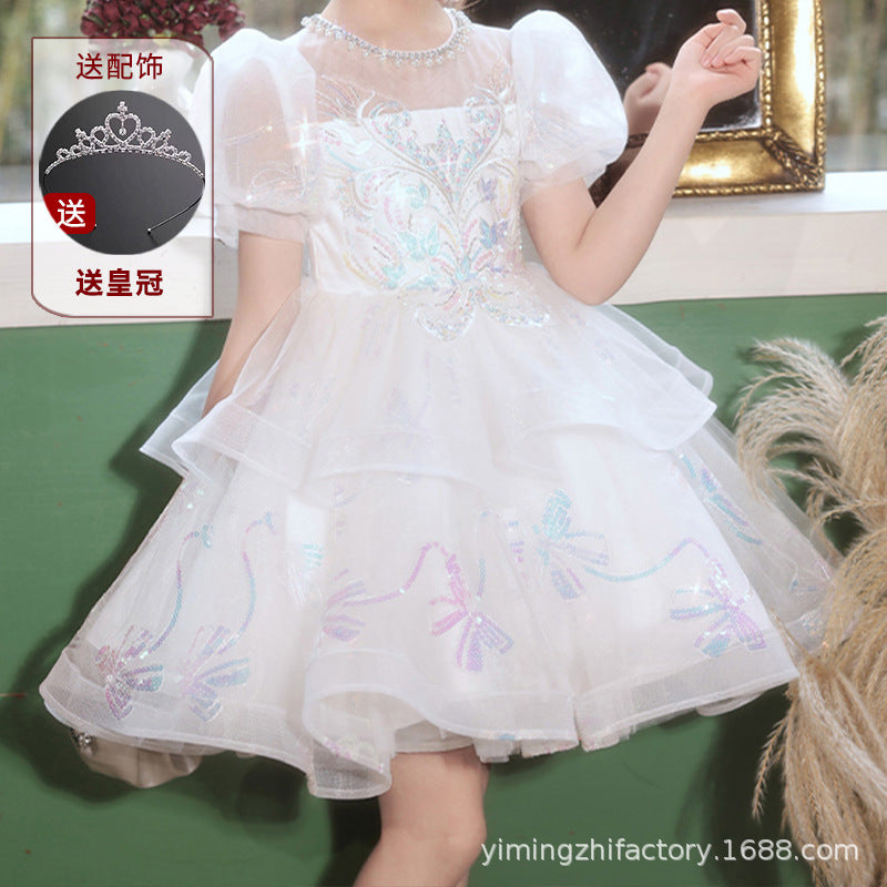 girls' high-end formal dress, luxury niche princess dress, children's piano recital bowknot puff sleeve dress