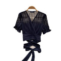 French work clothing style v neck strap elegantshirt women's summer short-sleeved waist design nichetops