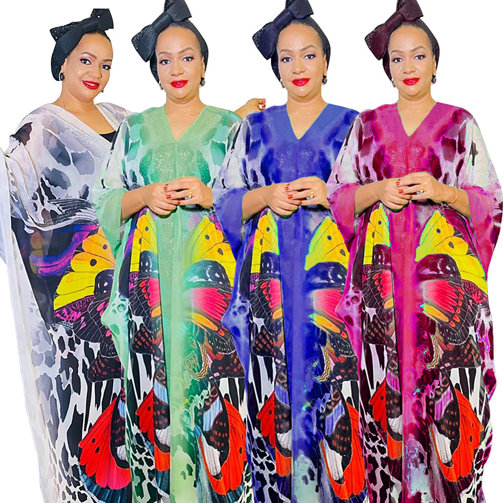 African women's plus size printed holiday beach dress loose sun protection robe  chiffon dress two-piece set