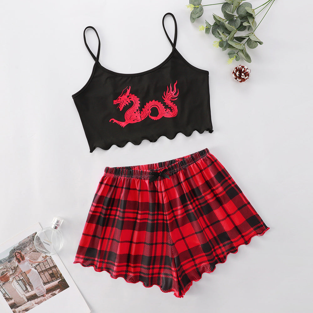 new creative chinese dragon print camisole top and plaid print shorts women's loungewear set