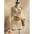 Women's summer sexy vacation see-through asymmetrical one-shoulder long sleeve top with solid color midi skirt (accessories not included)