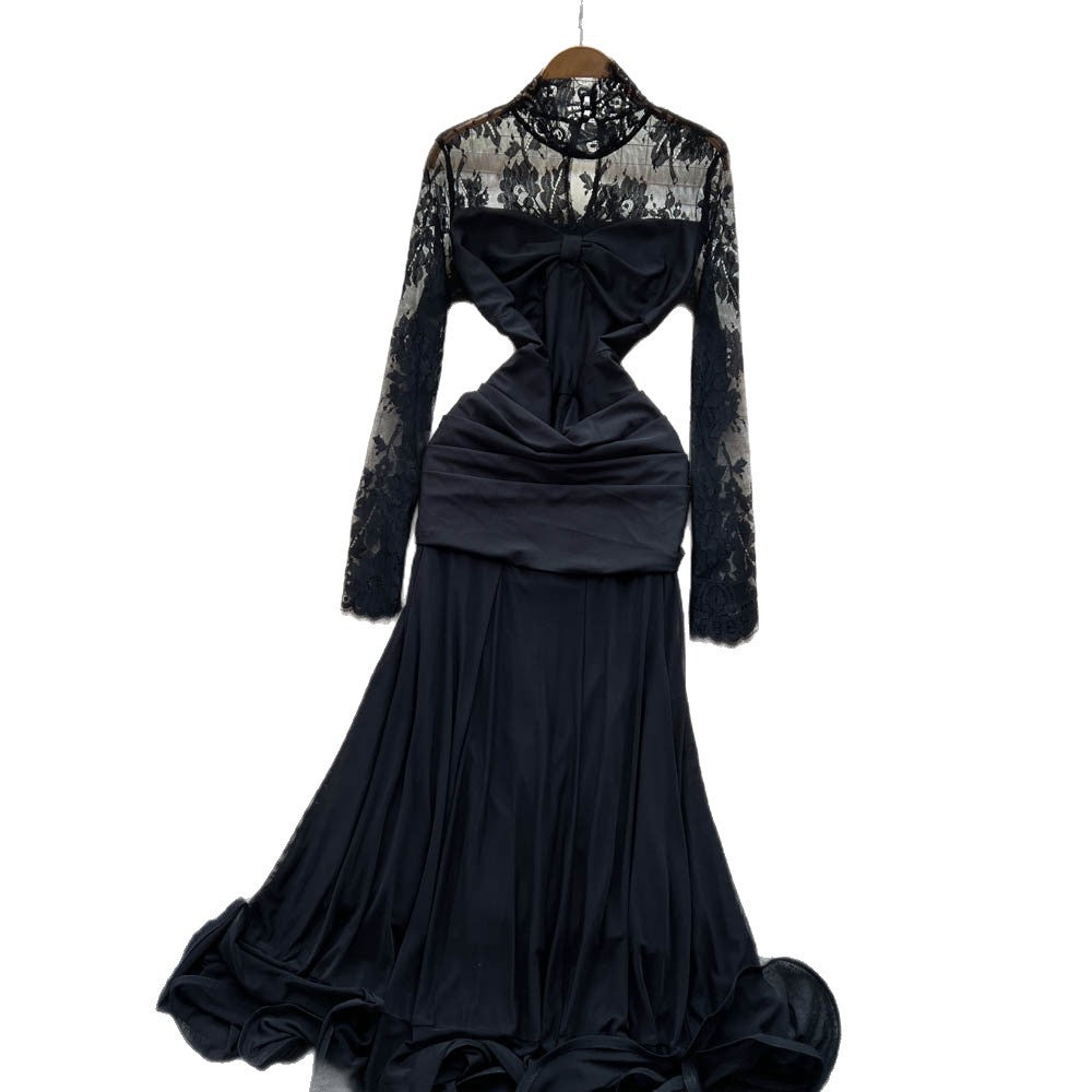 Elegant black formal dress for the modern woman: french-inspired lace, long sleeves, ruched waist, and flirty ruffle hem