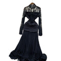 Elegant black formal dress for the modern woman: french-inspired lace, long sleeves, ruched waist, and flirty ruffle hem