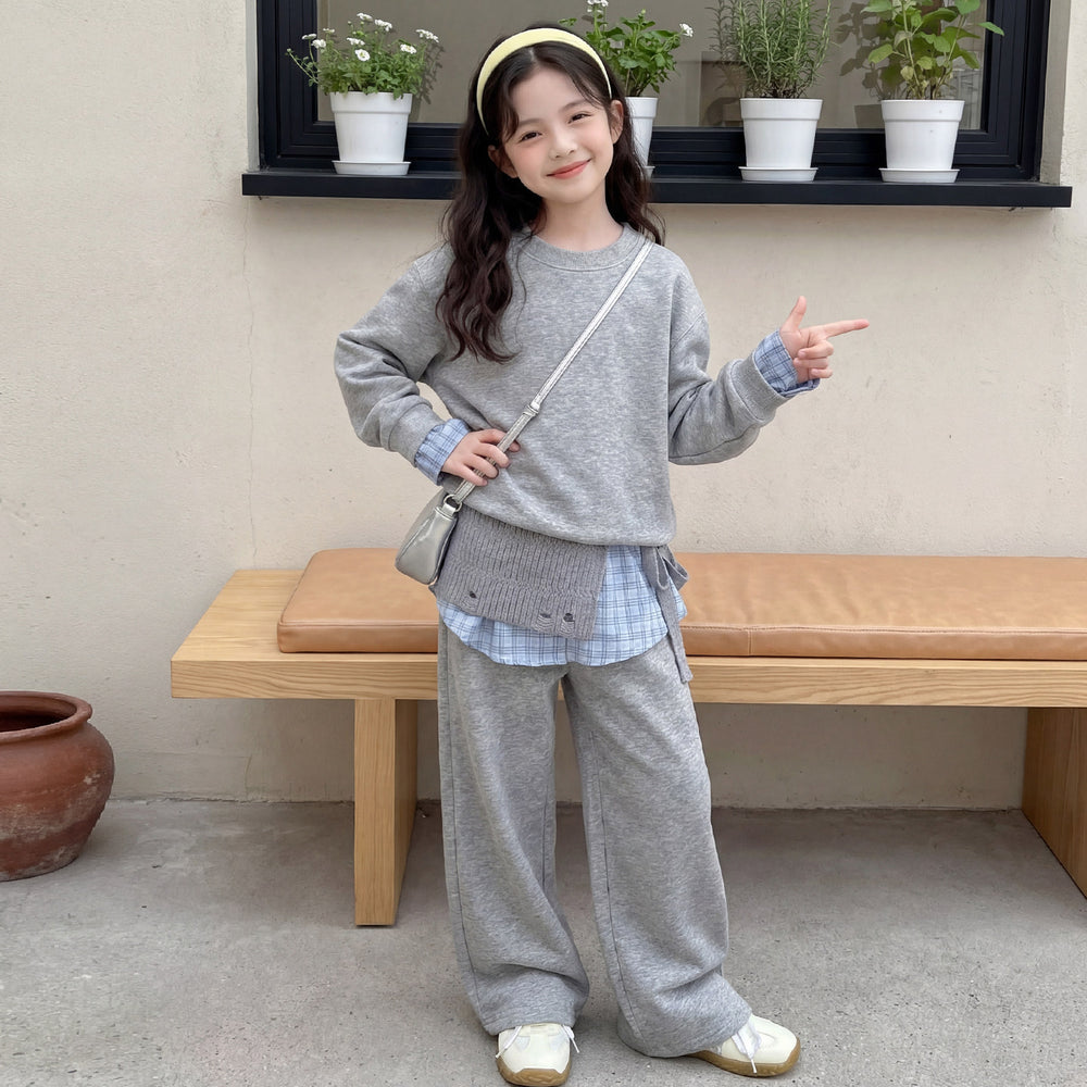 Girls'  new spring/autumn long-sleeve korean style three-piece set: girl's sweatshirt, wide-leg pants, spring outfit, loose fit