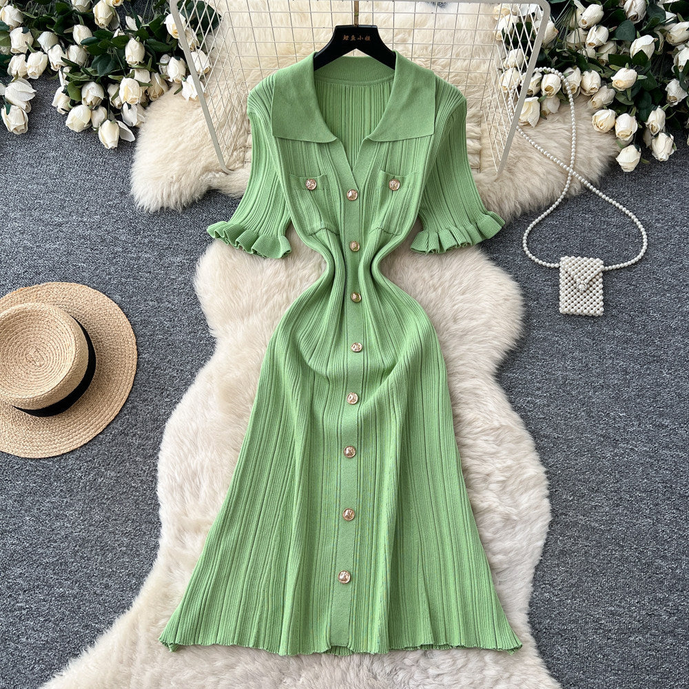 K-style pink buttoned knittingdress women's 2026 summer silmwork clothingelegant silmslimming look a-line skirt
