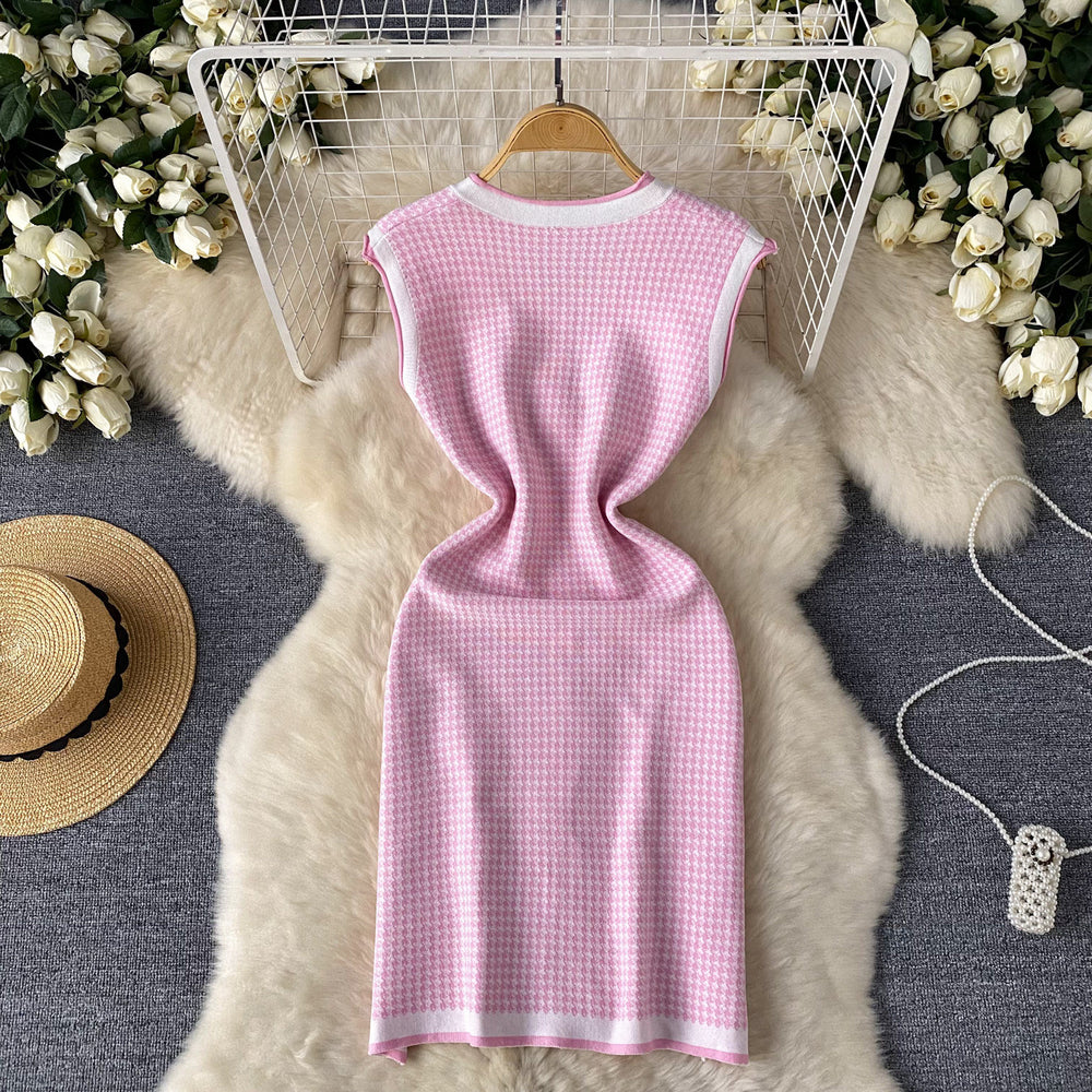 Accessible luxury thousand gold wind sleeveless grids knittingdress women's waist slimming design classy unique chic skirt