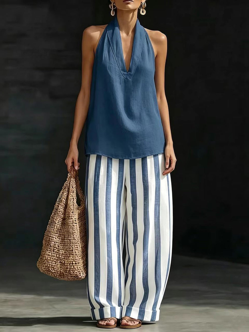 fashion  summer new style halter v neck stripes linen suit holiday style loose pants two