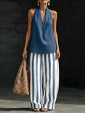 fashion  summer new style halter v neck stripes linen suit holiday style loose pants two