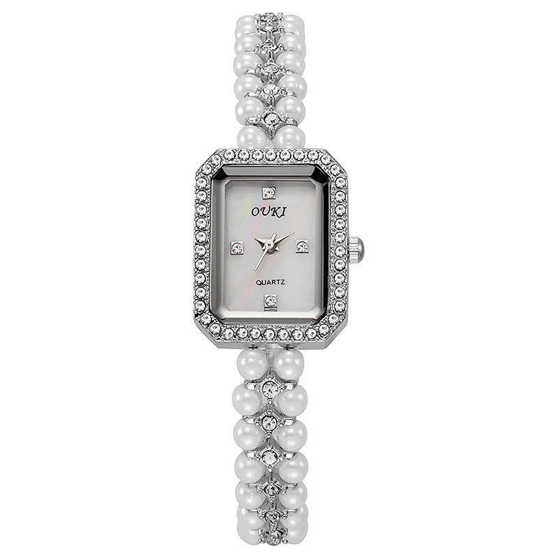 Ouki internet celebrity medieval pearl chain watch women's small mother-of-pearl dial small fragrant style diamond-encrusted women's watch silver