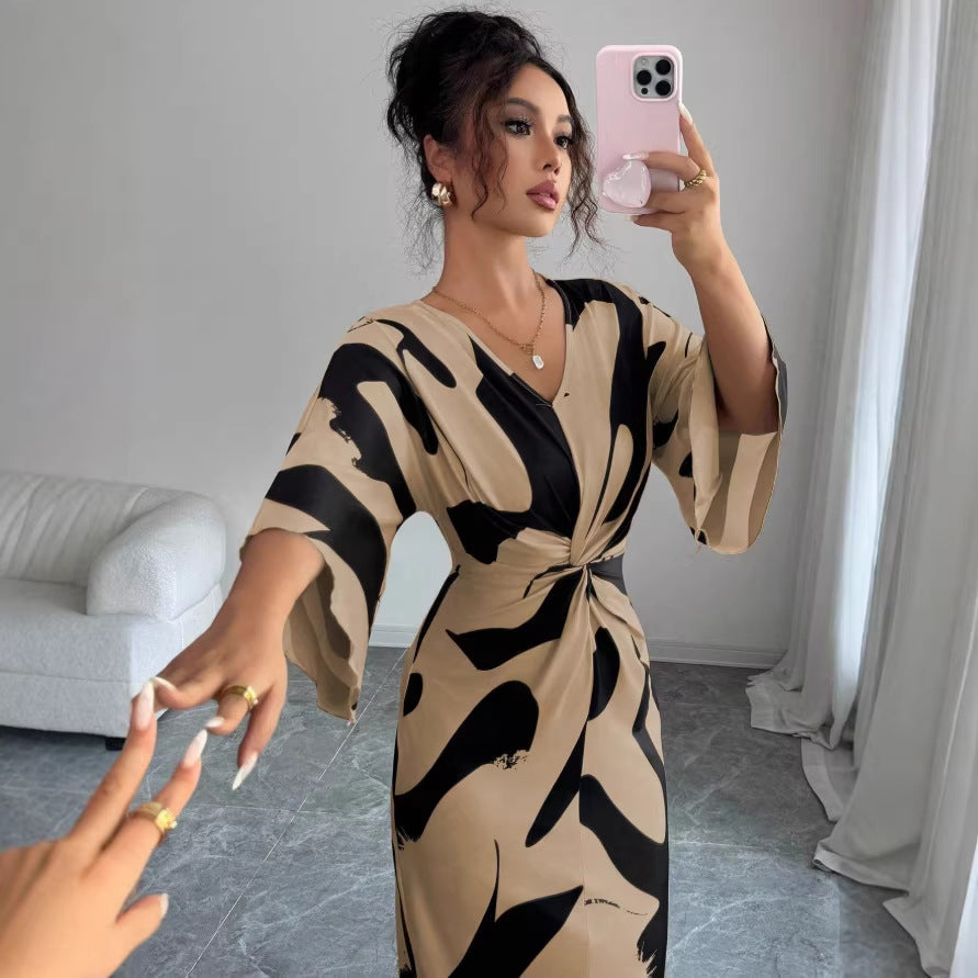 independent station spring and summer new arrivals: cross-border european and american women's clothing - all-over print fashion tie-up dress