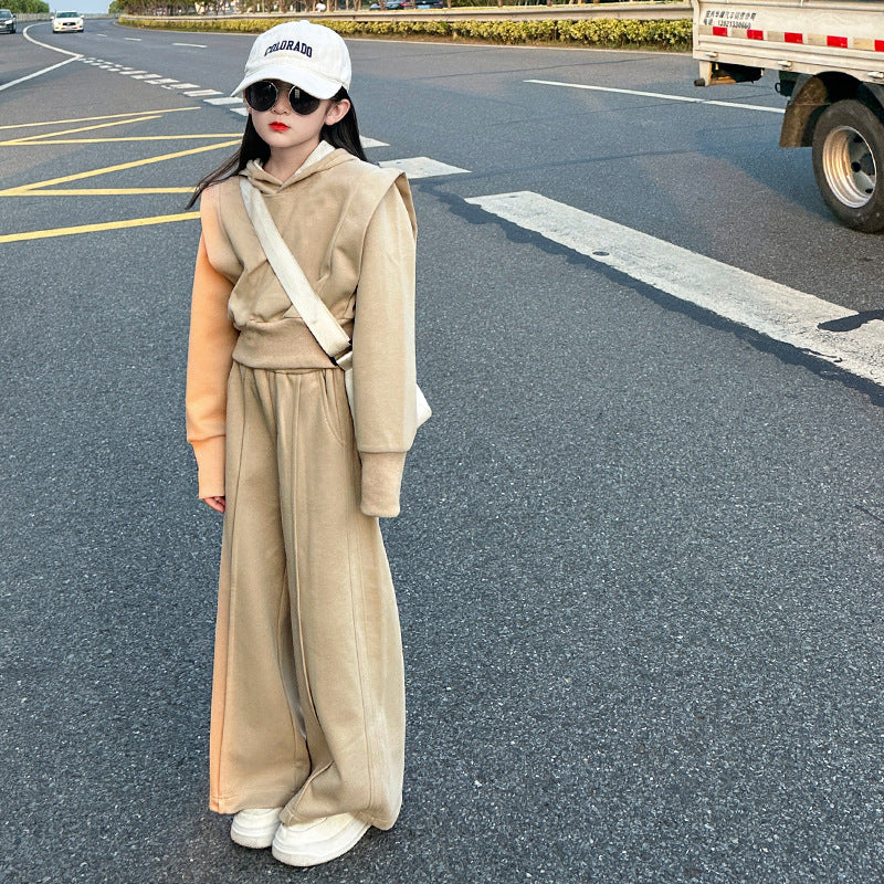 Girls' outfit set:  spring/autumn new arrival - casual hooded jacket & loose straight-leg pants, trendy two-piece set for mid-to-large children
