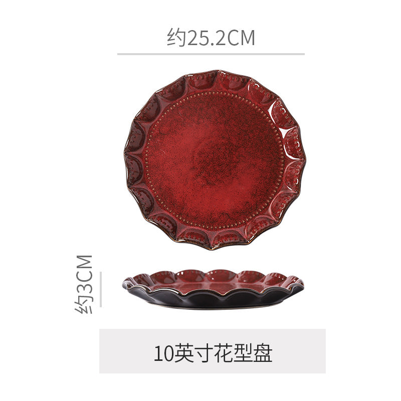 Personalized burgundy ceramic restaurant hotel tableware embossed exquisite fruit dessert plate tea tray for home dish plate salad bowl