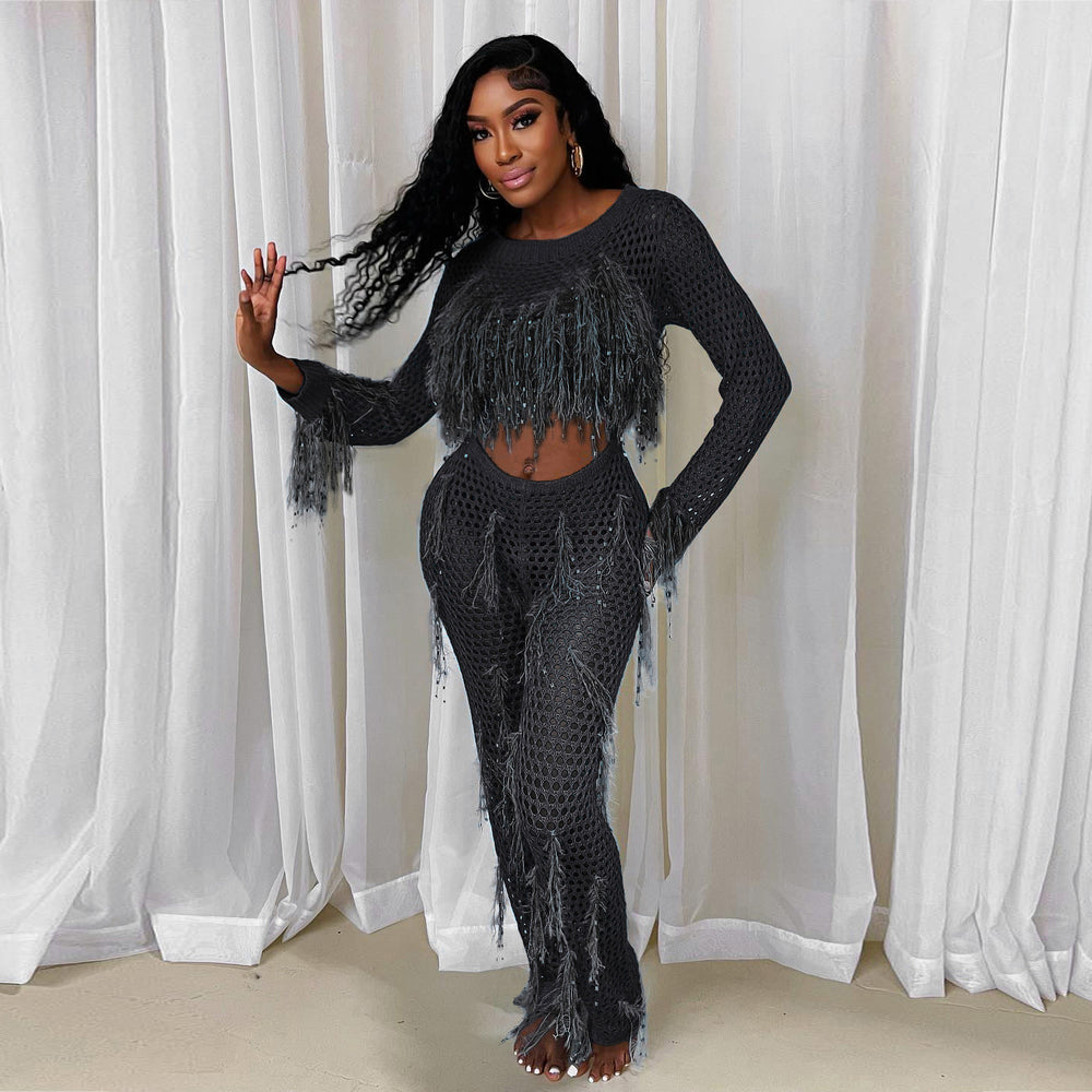 supply new arrival european and american clothing sexy imitation mink hair handmade tassel knittingcut outseparates jumpsuit