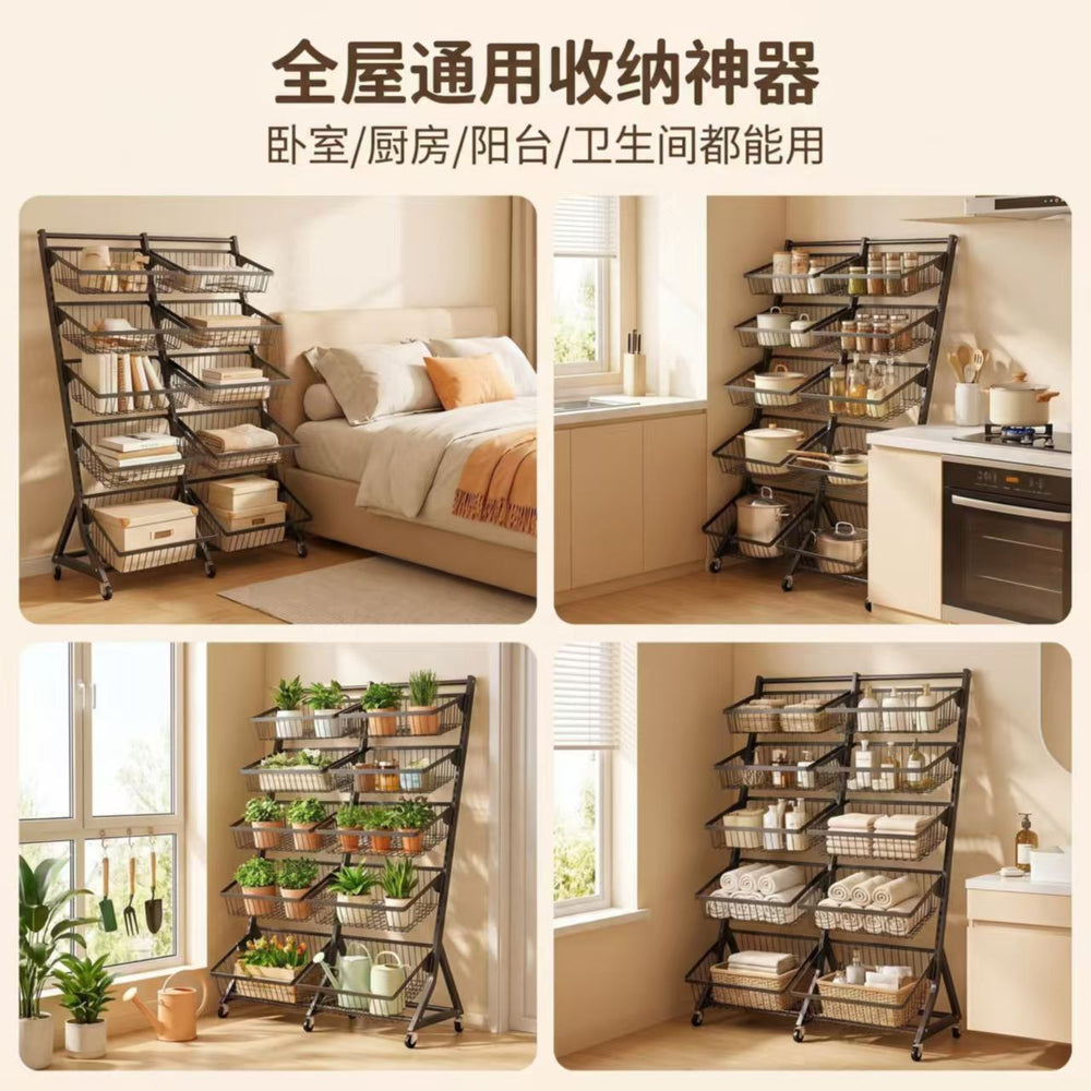 Kitchen basket storage rack, kids' toy organizer, multi-tier mobile storage, household multifunctional trolley