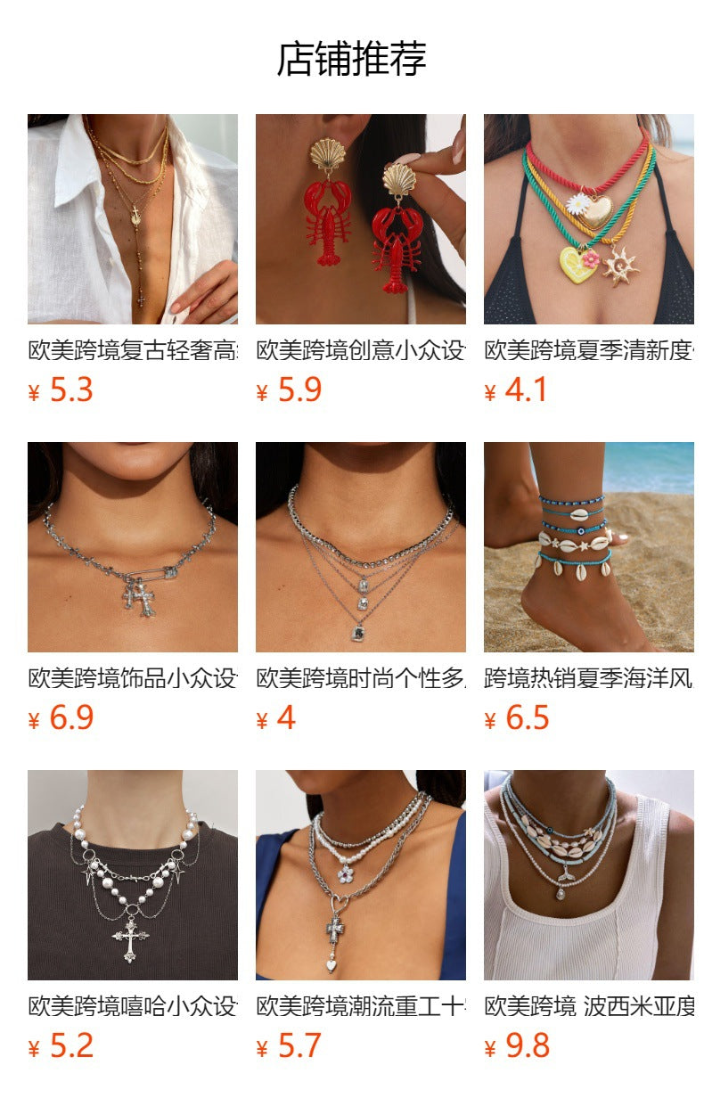 Fashion cross-border e-commerce jewelry diamond-encrusted thick chain multi-layer necklace exaggerated alloy pendant small fragrant clavicle chain for women
