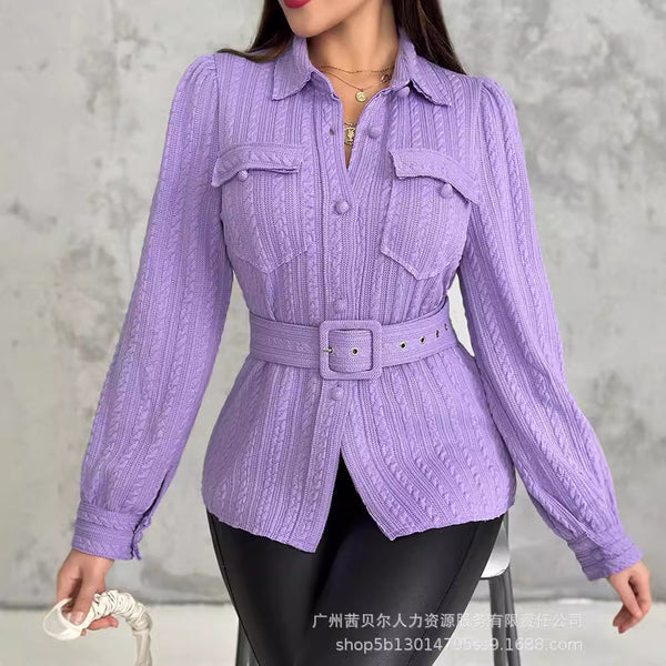 LZR18802 European and American new texture fabric long-sleeved pouch lapel waist strap shirt